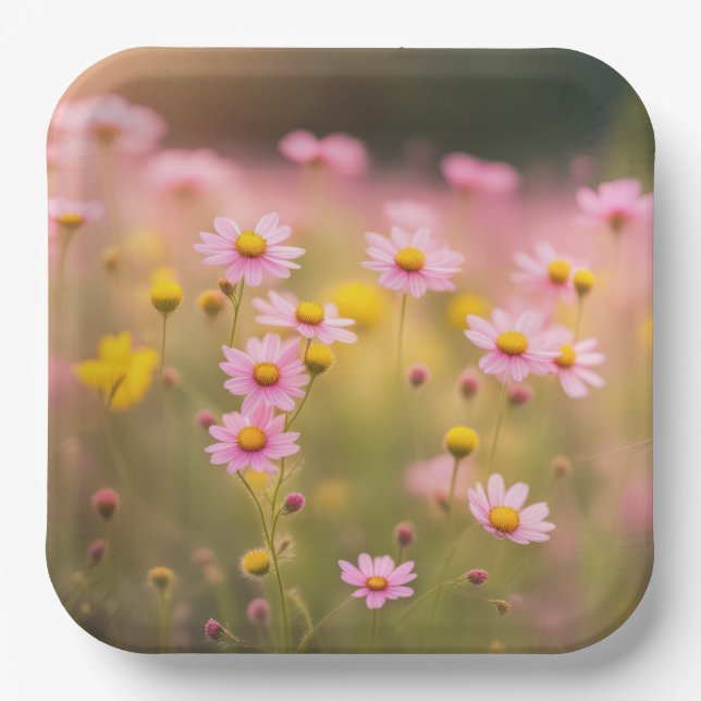 Plato De Papel Daisies rosados de flor silvestre (Anverso)