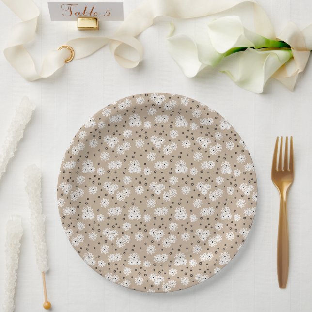 Plato De Papel Daisies y puntos - Taupe, negro y blanco (Boda)