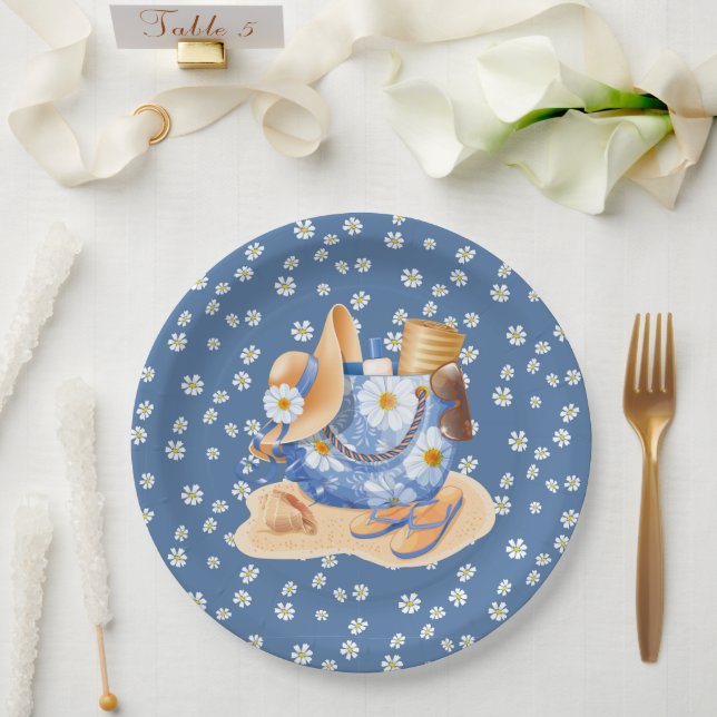 Plato De Papel Daisy Azul de Playa (Boda)