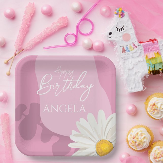 Plato De Papel Daisy blanco de verano rosado Feliz cumpleaños Fie (Fiesta)