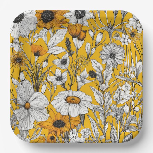 Plato De Papel Daisy blanco dorado Boho Wildflower (Anverso)