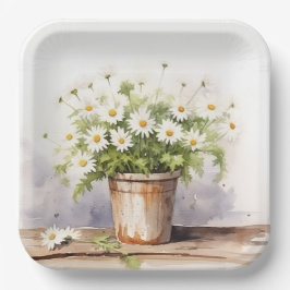 Plato De Papel Daisy Bouquet acuarela en la olla
