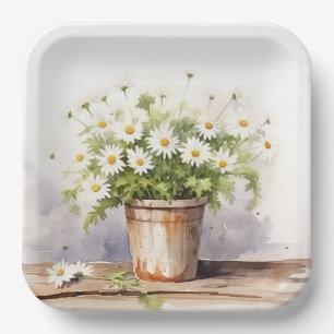 Plato De Papel Daisy Bouquet acuarela en la olla