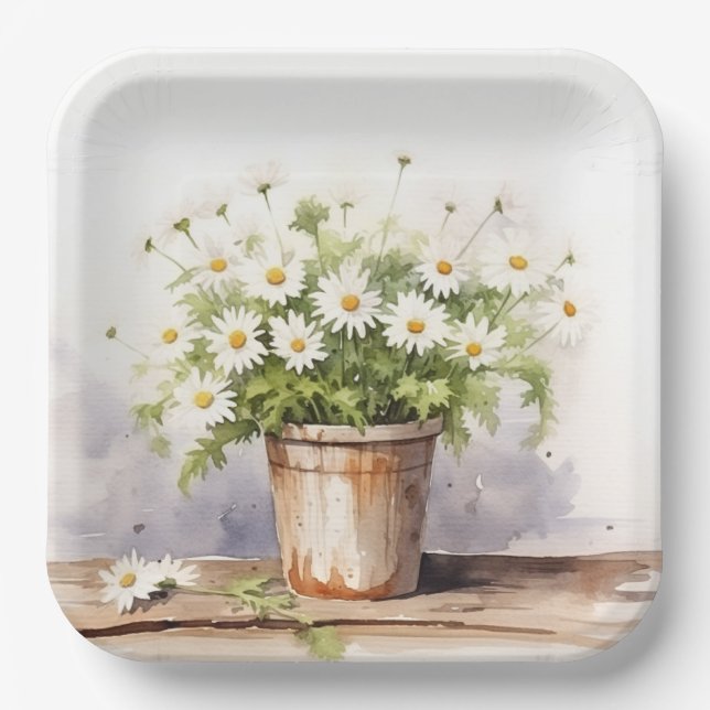 Plato De Papel Daisy Bouquet acuarela en la olla (Anverso)