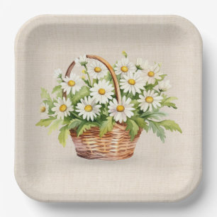 Plato De Papel Daisy Bouquet De Acuarela En Cesta