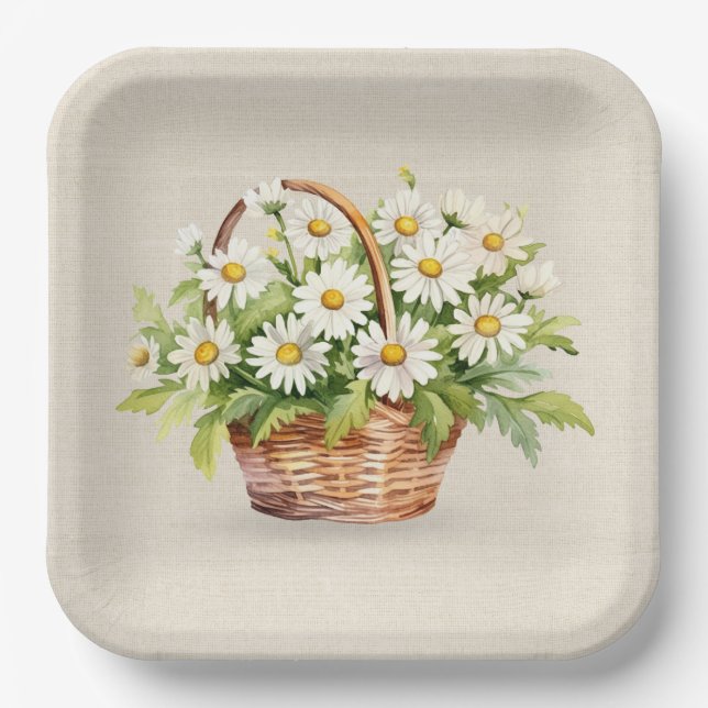 Plato De Papel Daisy Bouquet De Acuarela En Cesta (Anverso)