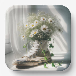 Plato De Papel Daisy Bouquet en una zapatilla blanca