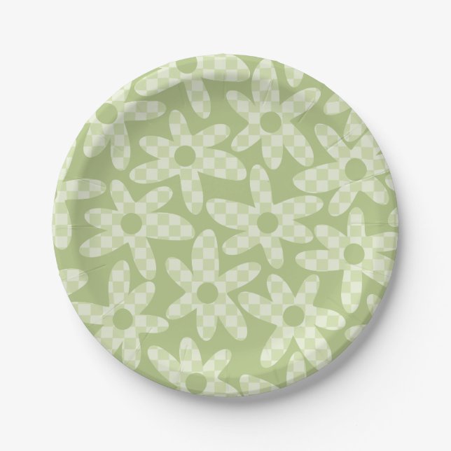 Plato De Papel Daisy Check Sage Green Retro Modern Pattern (Anverso)