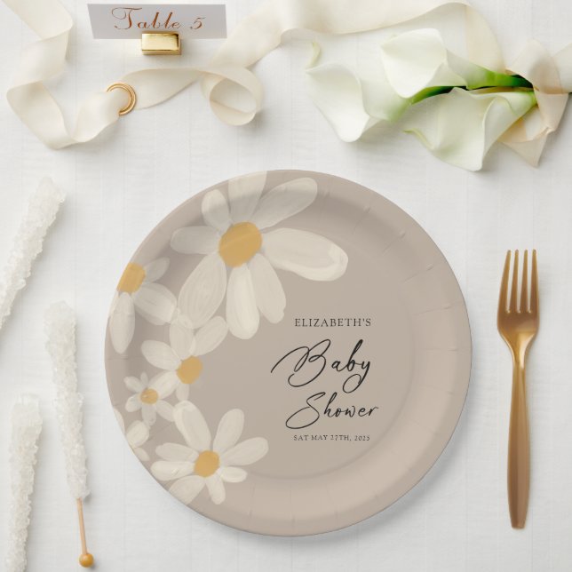 Plato De Papel Daisy Floral Brown Baby Shower (Boda)