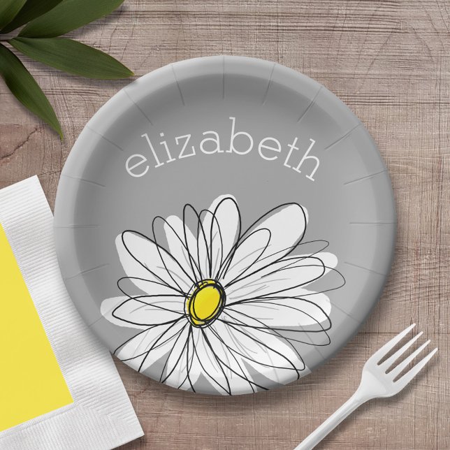 Plato De Papel Daisy floral de moda con nombre personalizado amar (Personalized party plate with area for name - whimsical daisy )
