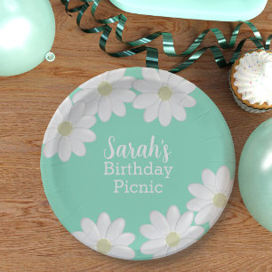 Plato De Papel Daisy Green Summer Birday Picnic Paper Plates