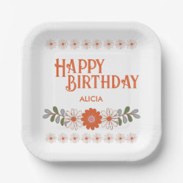 Plato De Papel Daisy Groovy Hippie Flora Hoja Feliz Cumpleaños