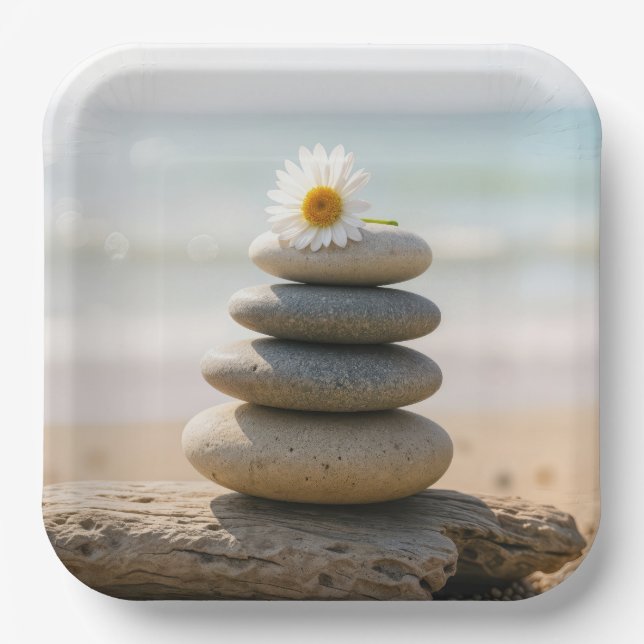 Plato De Papel Daisy on a Stone Beach Cairn With Driftwood (Anverso)