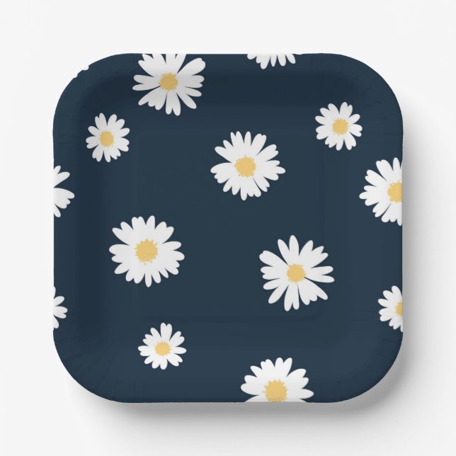 Plato De Papel Daisy On Blue Pattern (Anverso)