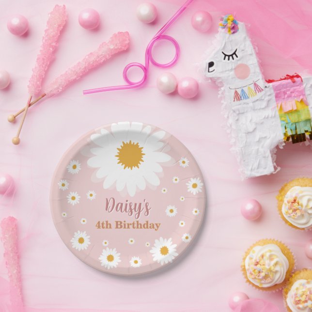 Plato De Papel Daisy Pink Any Age Birthday  (Fiesta)