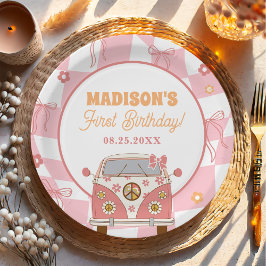 Plato De Papel Daisy & Retro Van Pastel Groovy 1er cumpleaños