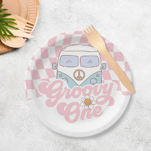 Plato De Papel Daisy & Retro Van Pink Groovy Un primer cumpleaños
