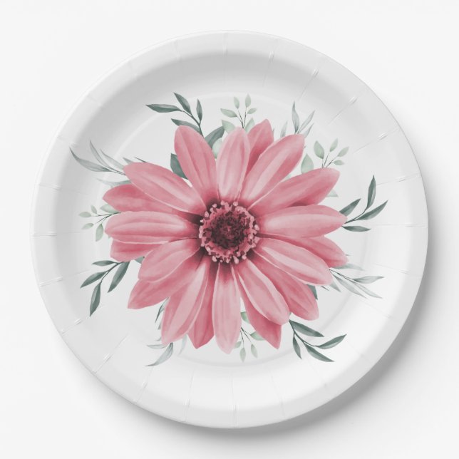 Plato De Papel Daisy Rosa Floral Bridal Shower (Anverso)