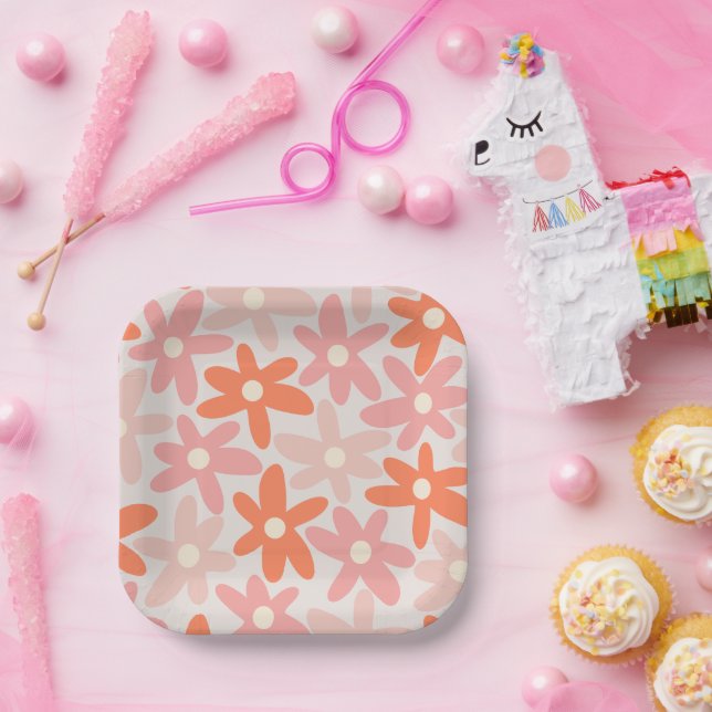 Plato De Papel Daisy Time Cute Retro Patrón Floral Naranja Rosa (Fiesta)