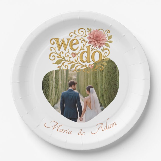 Plato De Papel Dalias Elegant Blush Bodas con guión dorado para f (Anverso)