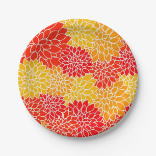 Plato De Papel dalias naranjas y rojas