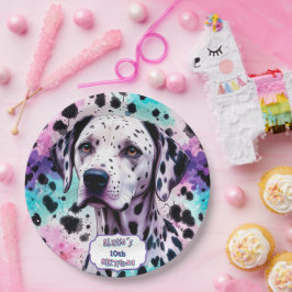 Plato De Papel Dalmatia Perro Rosa Morado Turquesa Cumpleaños