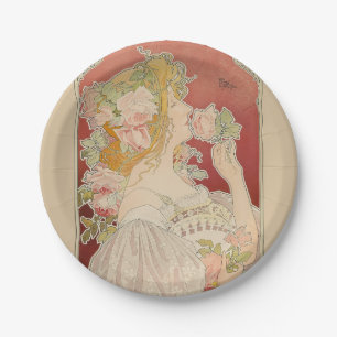 Plato De Papel Dama Art Nouveau Belle Époque Rosas Livemont