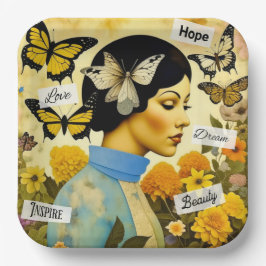 Plato De Papel Dama de época, mariposas, flores e inspiración