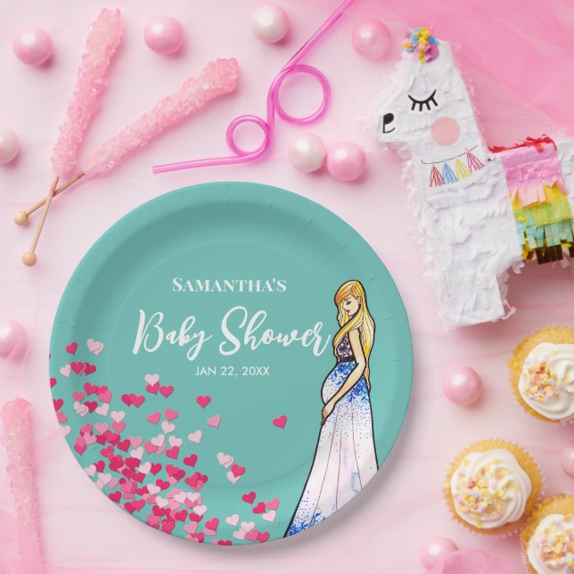 Plato De Papel Dama embarazada de Baby Shower con largos corazone (Fiesta)
