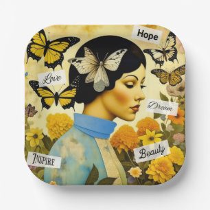 Plato De Papel Dama Vintage, Mariposas, Flores e Inspiradora