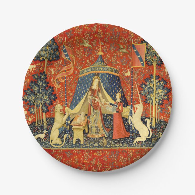 Plato De Papel Dama y Unicornio Tapiz Medieval: Arte Francés (Anverso)