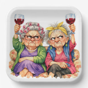 Plato De Papel Damas Mayores Excéntricas con Vino Tinto