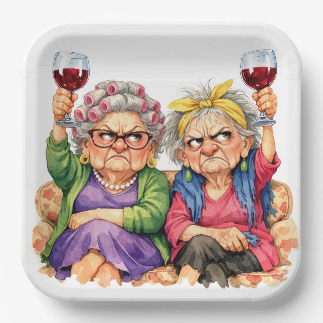 Plato De Papel Damas Mayores Excéntricas con Vino Tinto (Anverso)