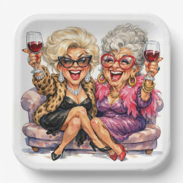 Plato De Papel Damas Mayores Glamurosas Con Vino Tinto (Anverso)