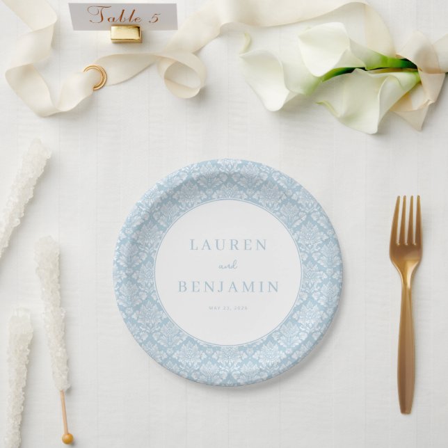 Plato De Papel Damasco Azul Sofisticado (Boda)