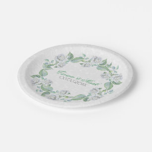 Plato De Papel Damasco blanco y Rosas - Guardar la fecha