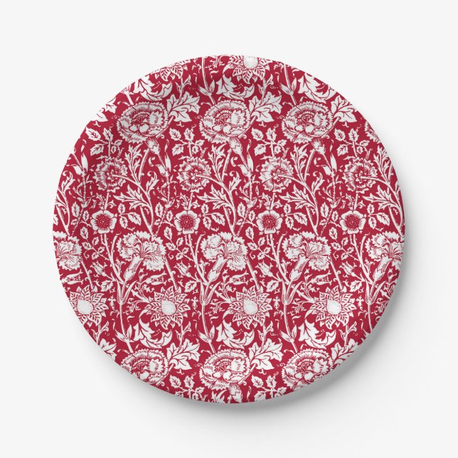 Plato De Papel Damasco de claveles de Art Nouveau, rojo y blanco (Anverso)