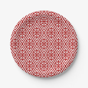 Plato De Papel Damasco de la Cruz Medieval - Blanco y rojo profun