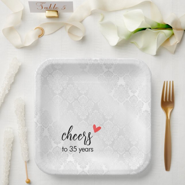 Plato De Papel Damasco de raso blanco 35 aniversario (Boda)