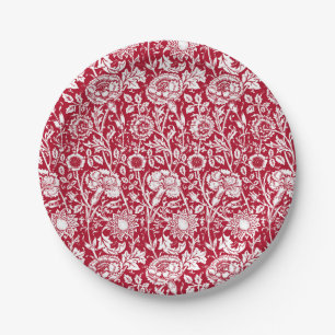 Plato De Papel Damasco, rojo y blanco del clavel de Nouveau del