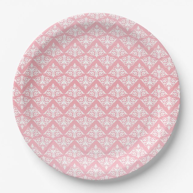 Plato De Papel Damasco rosa y blanco (Anverso)