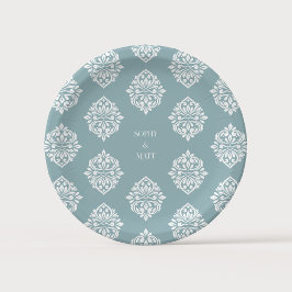 Plato De Papel Damask Ambience Pewter Blue Elegant Wedding