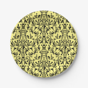 Plato De Papel Damask Black & Yellow