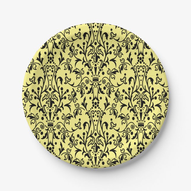 Plato De Papel Damask Black & Yellow (Anverso)