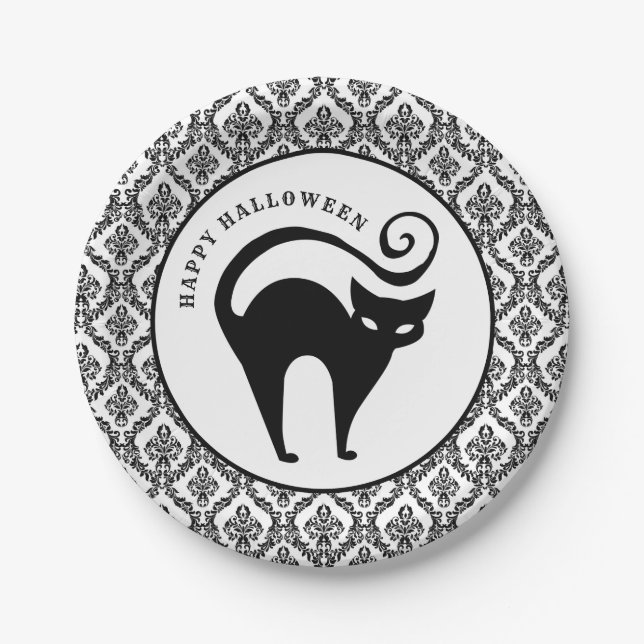 Plato De Papel Damask Glam Black Cat | Placa de papel de Hallowee (Anverso)