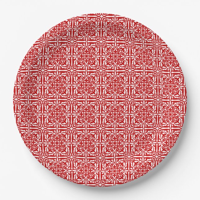 Plato De Papel Damask medieval Fleur-de-lis, rojo y blanco (Anverso)