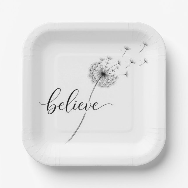 Plato De Papel Dandelion Seedlings with Believe Text (Anverso)