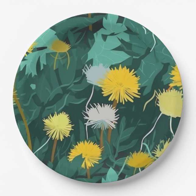 Plato De Papel Dandelions amarillo de verano (Anverso)