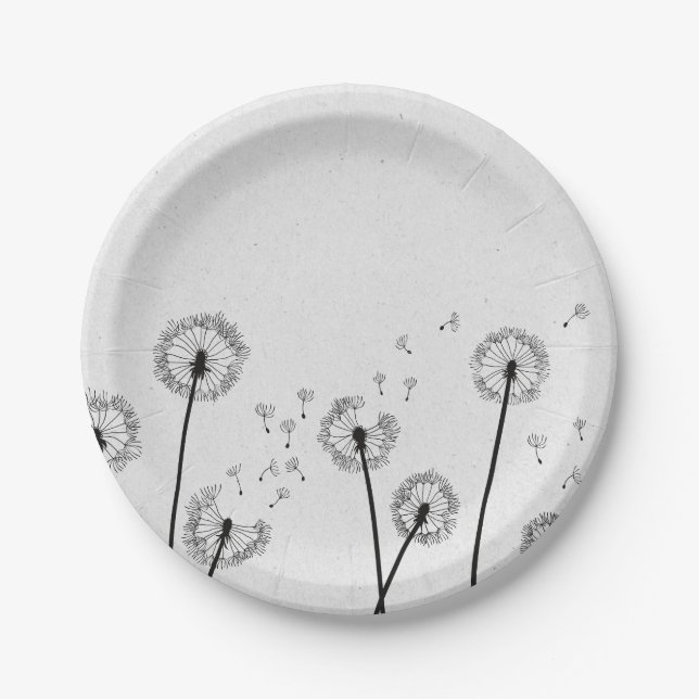 Plato De Papel Dandelions Flowers Pappus Spores Gray (Anverso)