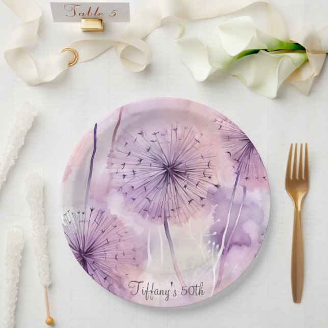 Plato De Papel Dandelions púrpura (Boda)